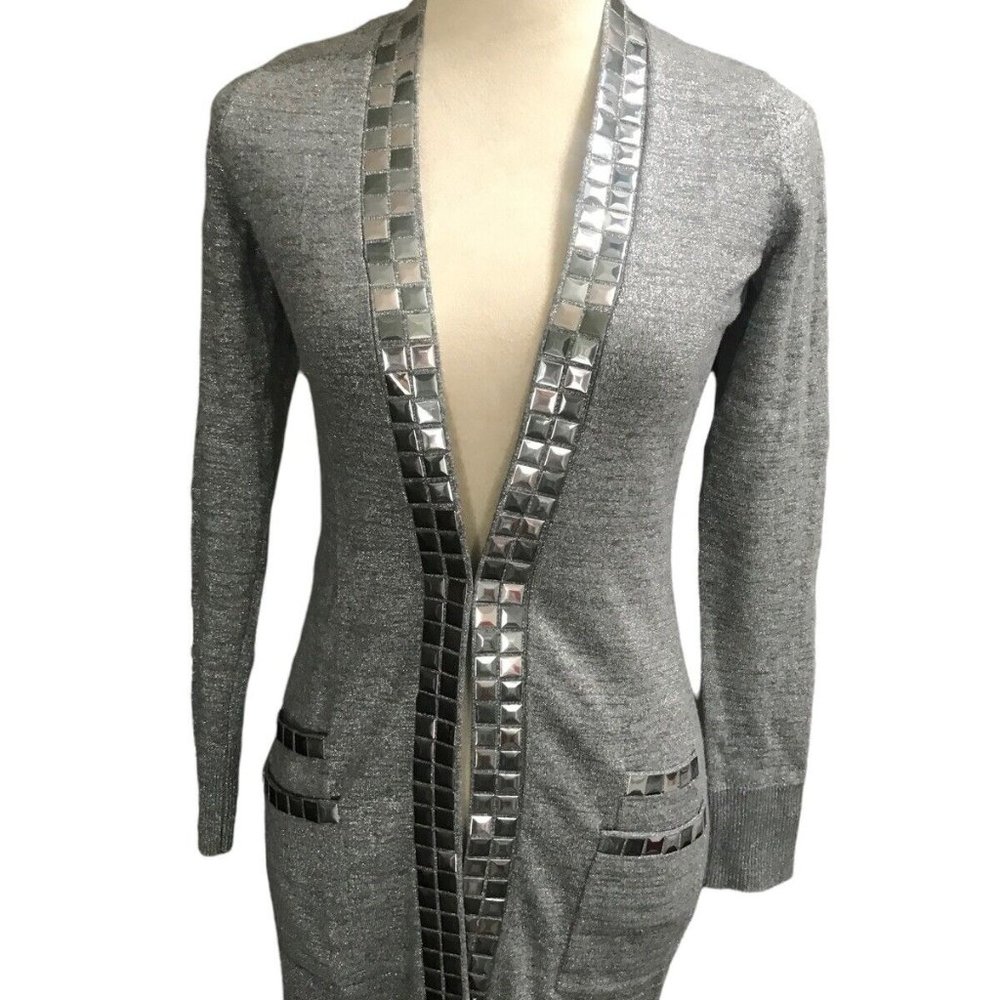 VTG Cache Womens Metallic Studded Silver GraytRibbed Y2K Cardigan Sweater XS